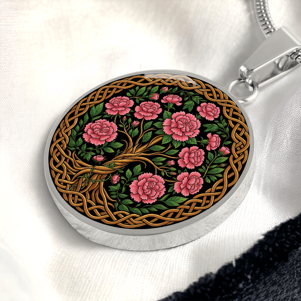 Celtic Tree of Life Pendant Necklace - Carnation January Birth Flower Jewelry