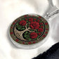 an elegant silver pendant Rose Tree of Life Necklace. The Colors are red, green, white and black. This jewelry offers personalization with an engraving option for a name.