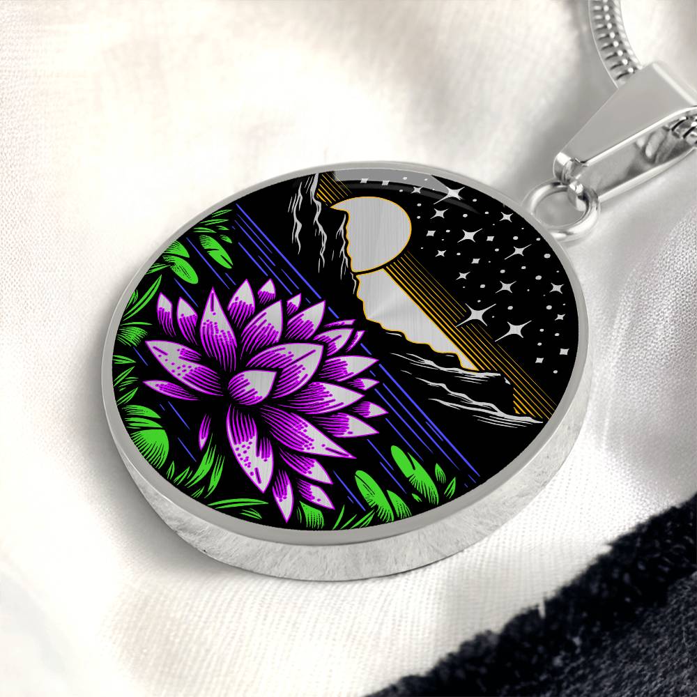 An Elegant silver pendant Water Lily Necklace featuring Mountains, Stars, Yellow outline Sun, Green grass Lily Pads, Blue Water, Pink lily, black and silver Background. This jewelry offers personalization with an engraving option for a name.