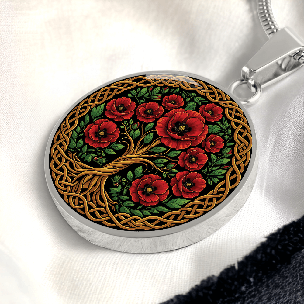 Celtic Tree of Life Pendant Necklace - Poppy August Birth Flower Jewelry