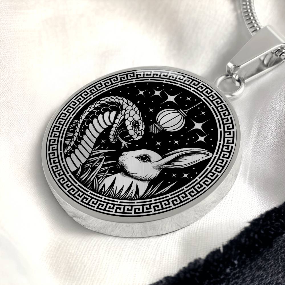 An Elegant silver pendant featuring a Year of the Rabbit and Year of The Snake Necklace in silver and black. This jewelry offers personalization with an engraving option for a name.