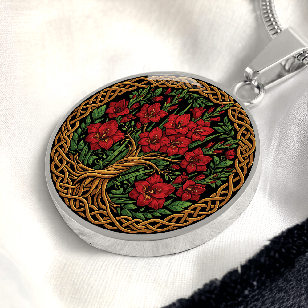 Celtic Tree of Life Pendant Necklace - Gladiolus August Birth Flower Jewelry