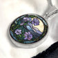 Silver Pendant Purple Morning Glory necklace, With green grass, a Yellow sky and purple mountains, Blue Lake, Muti Colored Border. This necklace offers personalization option for a name.
