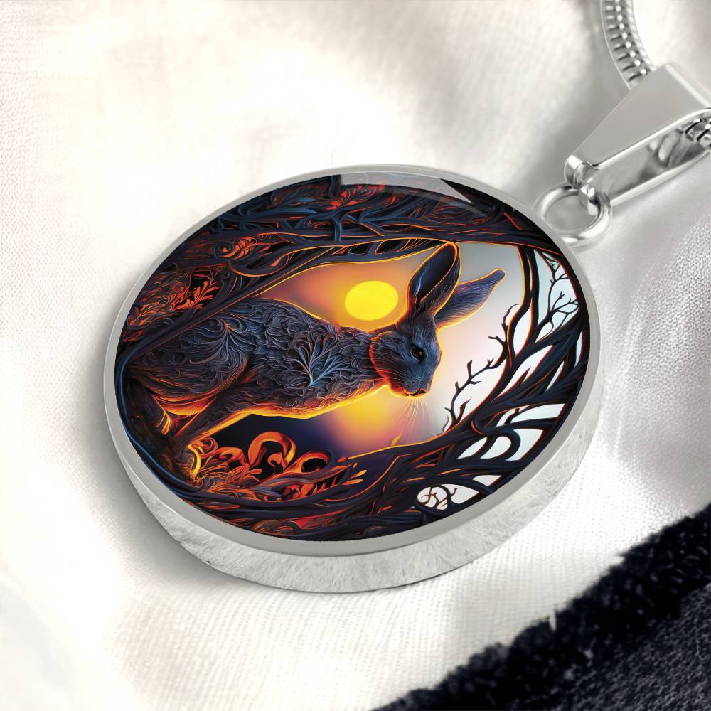 an Elegant silver pendant Easter Bunny necklace featuring yellow sun, brown trees, brown rabbit, blue and white sky. This jewelry offers personalization with an engraving option for a name.