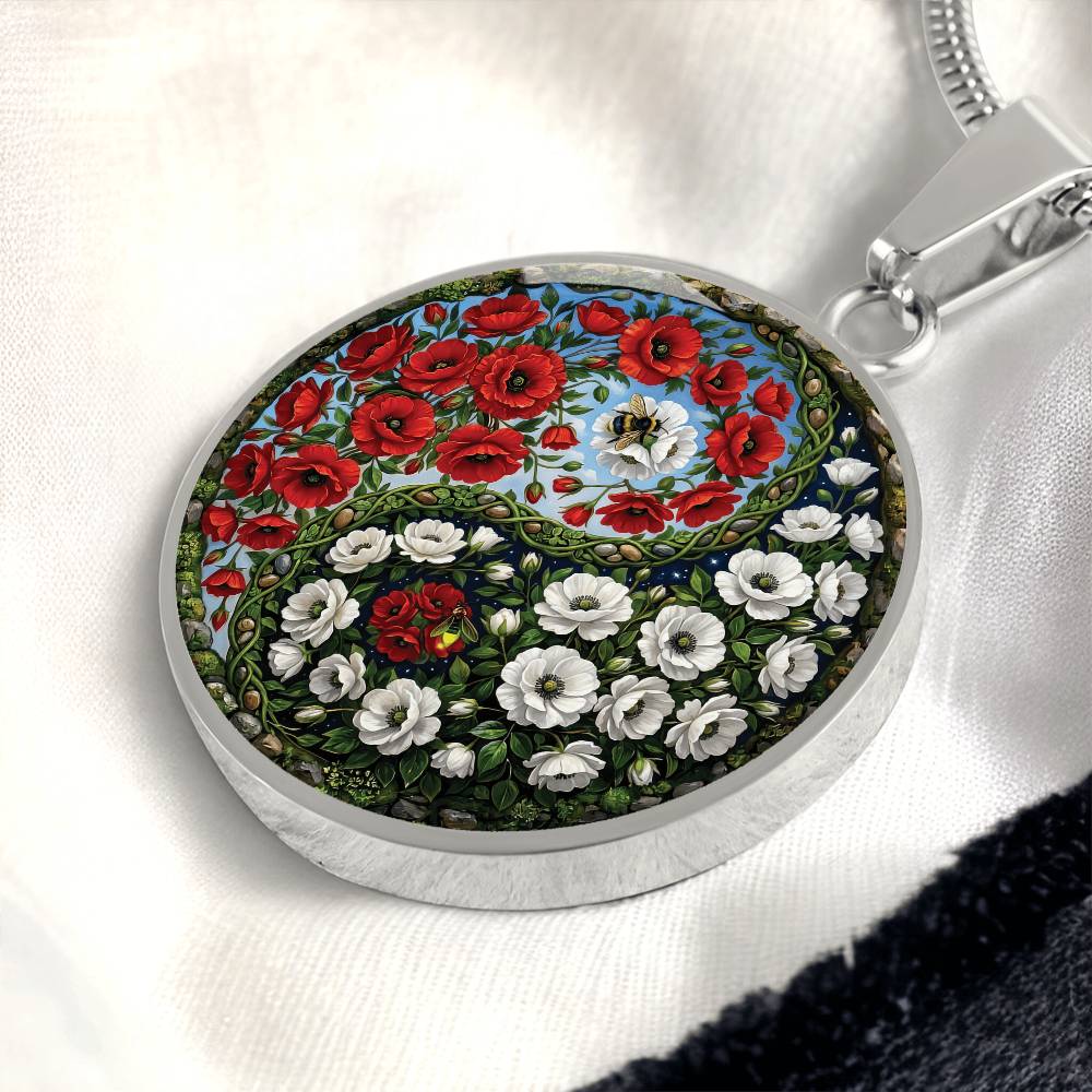 Poppy Yin Yang Necklace - August Birth Month Flower Pendant Jewelry