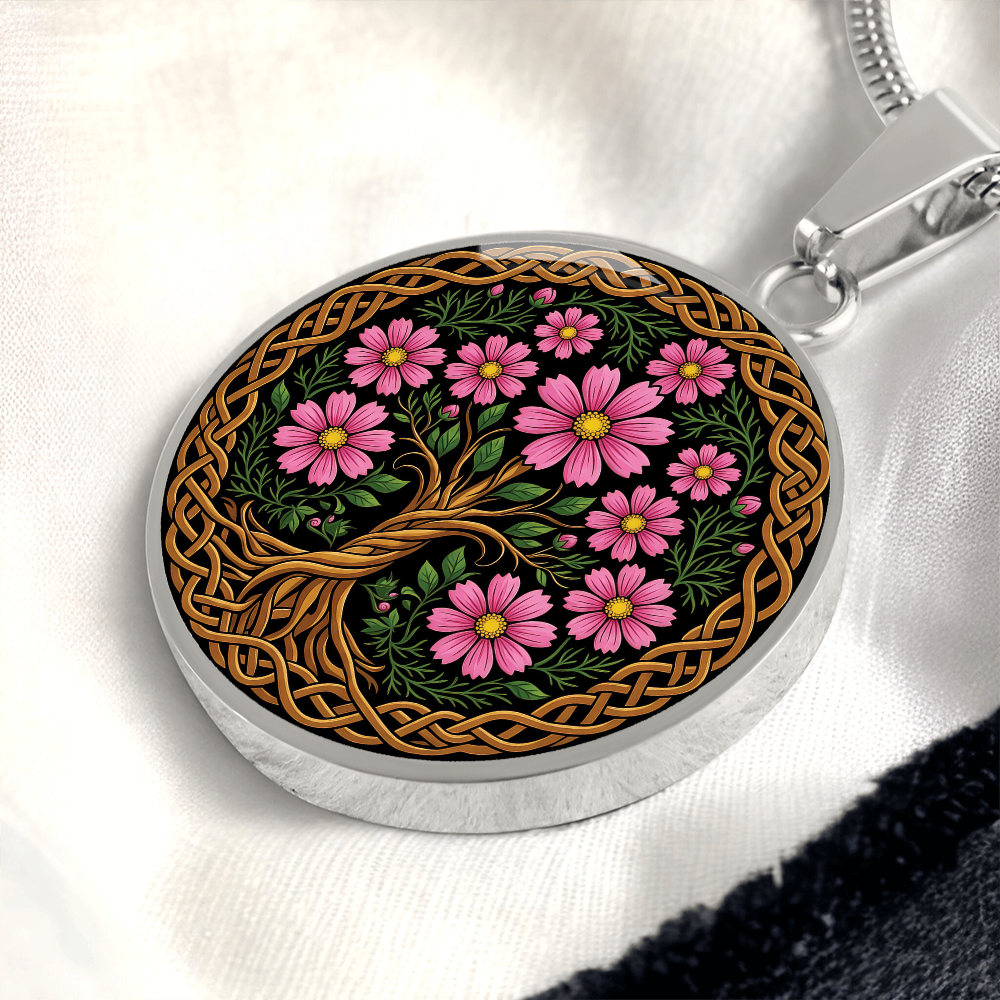 Celtic Tree of Life Pendant Necklace - Cosmos October Birth Flower Jewelry