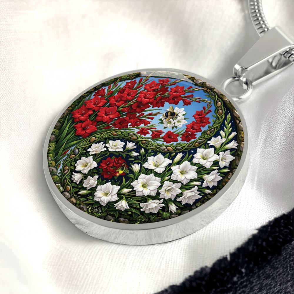 Gladiolus Yin Yang Necklace - August Birth Month Flower Pendant Jewelry