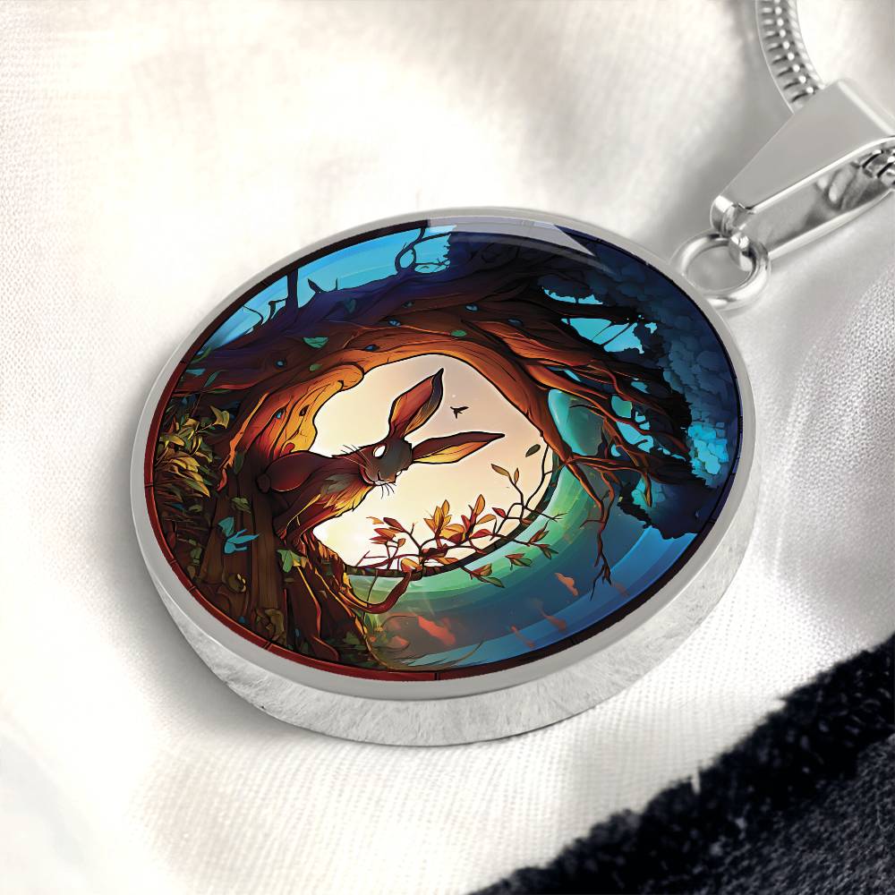 an elegant silver pendant Wood Rabbit Necklace. The Colors are brown, white, green, blue, yellow and red. This jewelry offers personalization with an engraving option for a name.