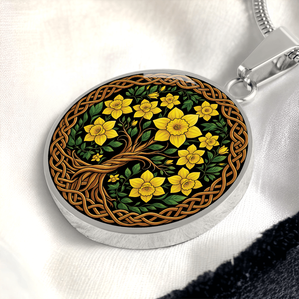 Celtic Tree of Life Pendant Necklace - Daffodil March Birth Flower Jewelry