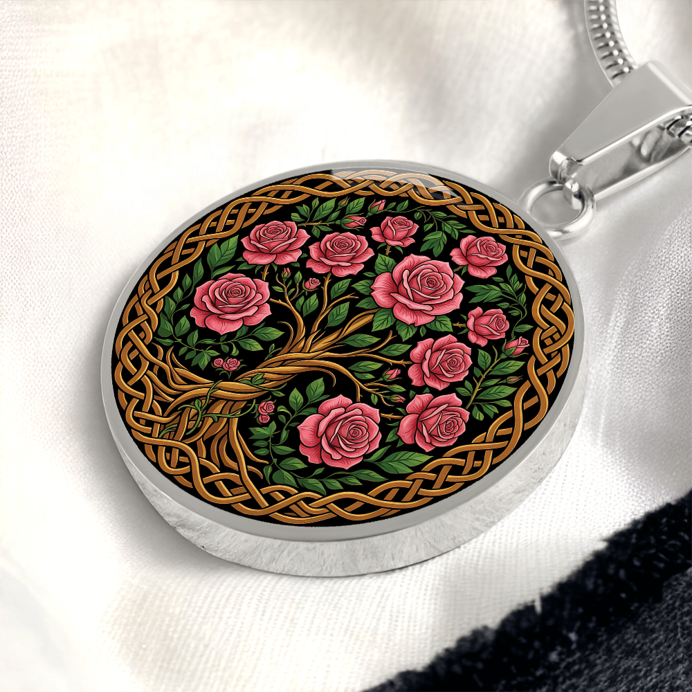 Celtic Tree of Life Pendant Necklace - Rose June Birth Flower Jewelry