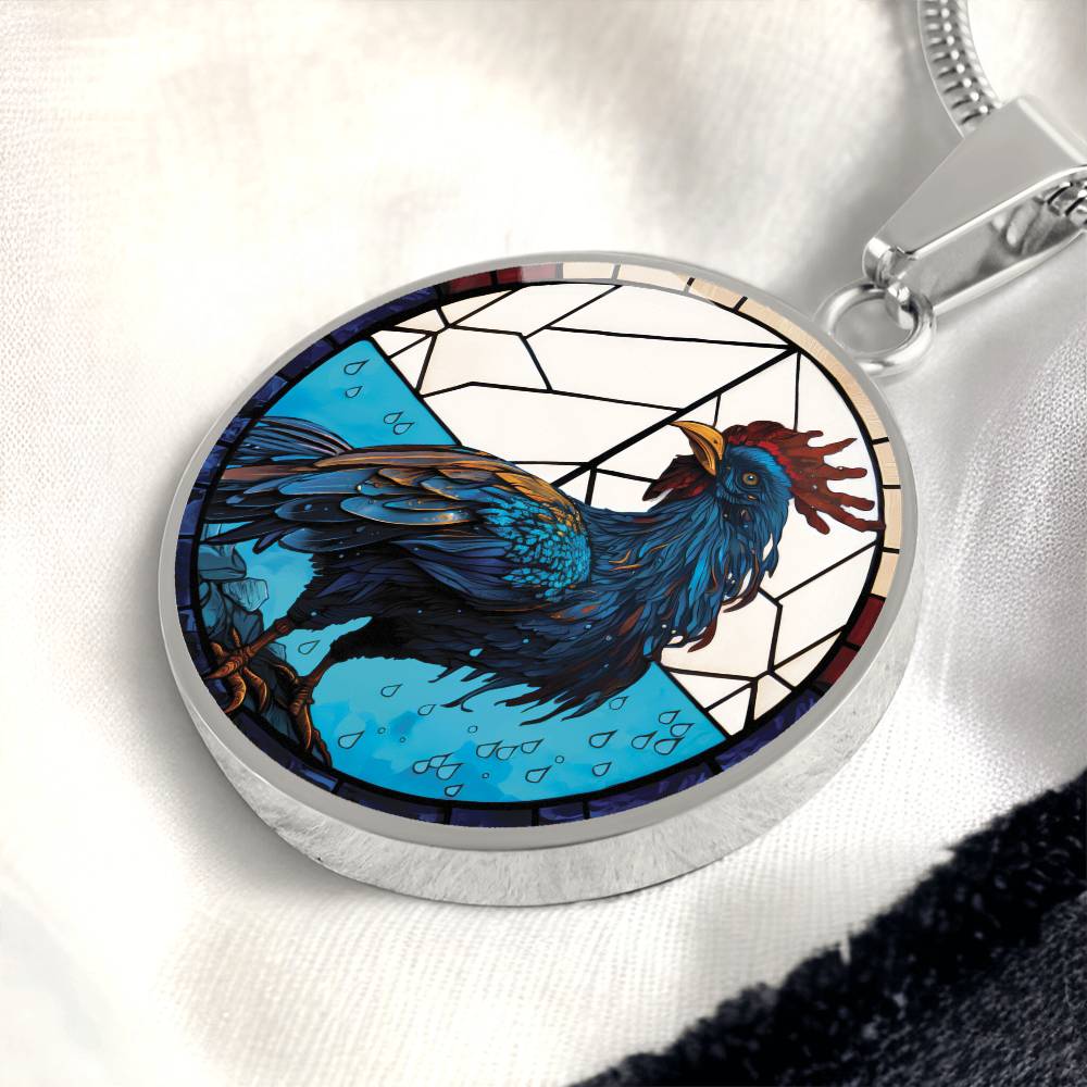 An Elegant silver pendant featuring a Chinese Zodiac Rooster Necklace. The colors are blue, white, tan, red, yellow, brown. This jewelry offers personalization with an engraving option for a name.