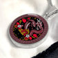 An Elegant silver pendant featuring a Year of the Snake and Year of The Dragon Necklace in red, yellow, silver and black. This jewelry offers personalization with an engraving option for a name.