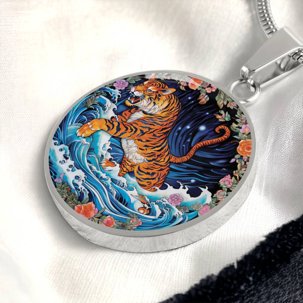 An elegant silver pendant Chinese Zodiac Tiger Necklace. The colors are blue, black, green, orange, white, pink, purple and red. This jewelry offers personalization with an engraving option for a name.