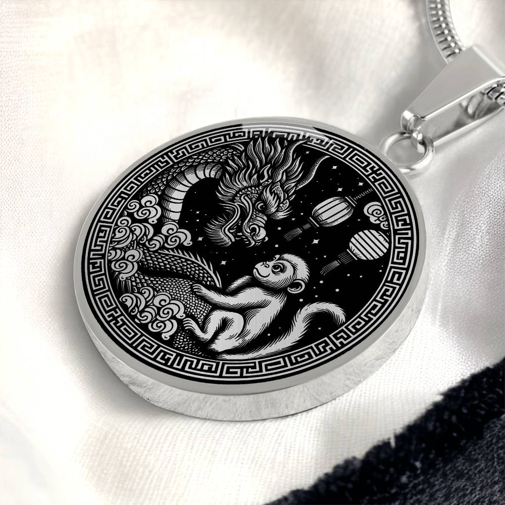 An Elegant silver pendant featuring a Year of the Monkey and Year of The Dragon Necklace in silver and black. This jewelry offers personalization with an engraving option for a name.