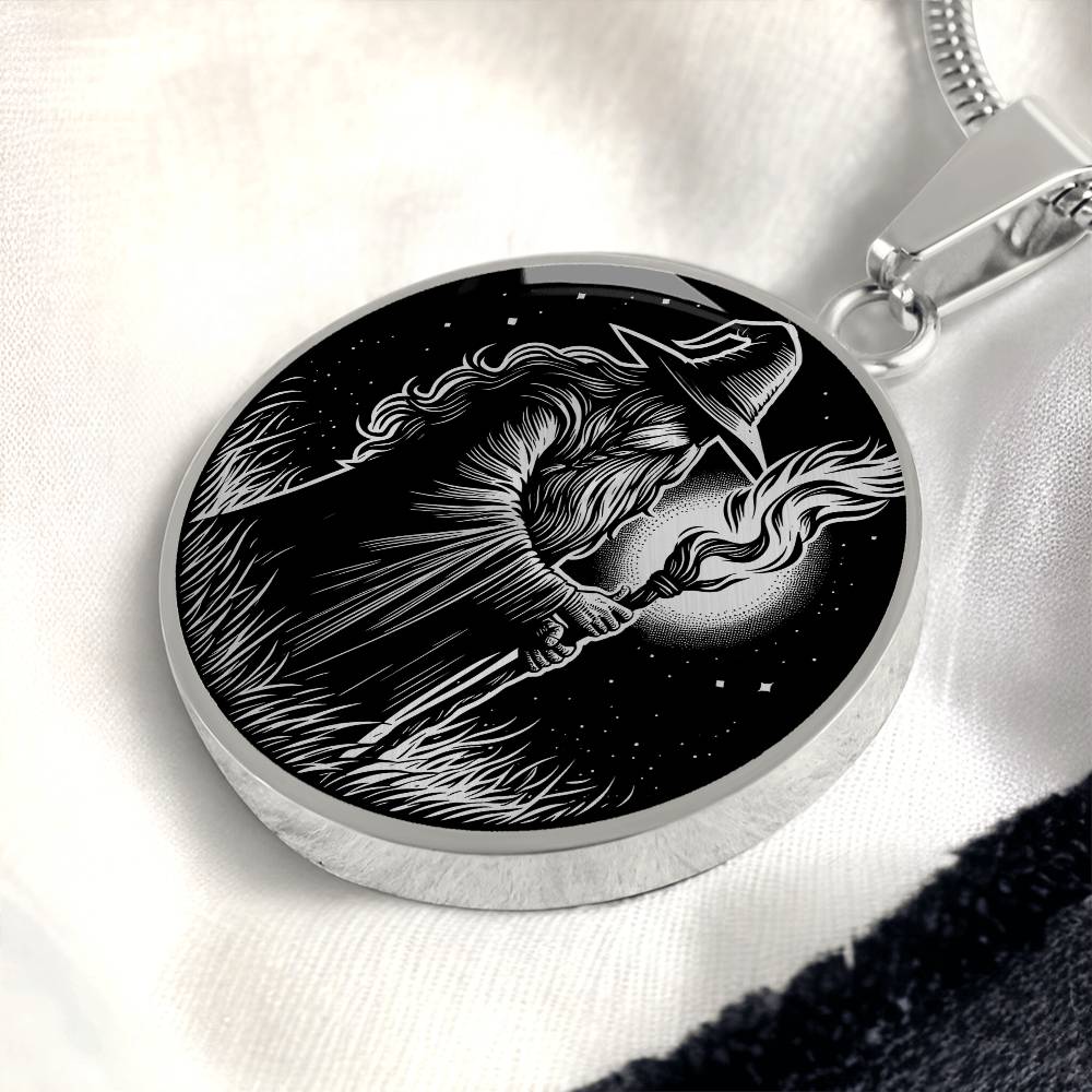 An Elegant silver pendant featuring a Fantasy Wizard Necklace in silver and black. This jewelry offers personalization with an engraving option for a name.