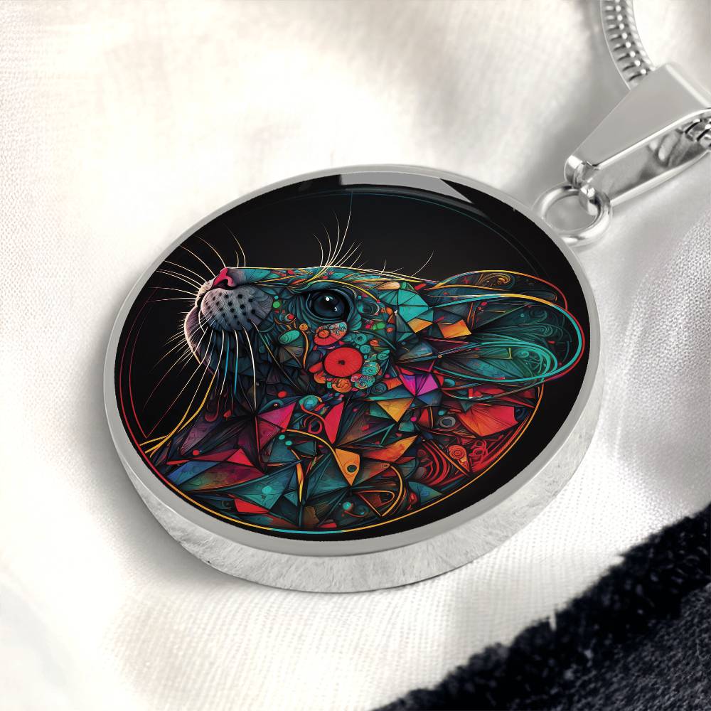 An elegant silver pendant multicolored Chinese Zodiac Rat Necklace. This jewelry offers personalization with an engraving option for a name.