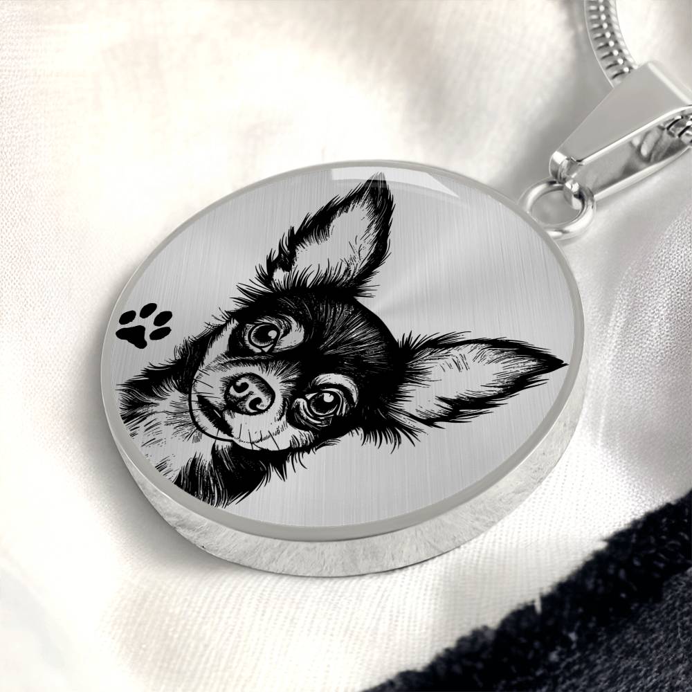 An Elegant silver pendant Chihuahua Dog Necklace. The Chihuahua Design is in Silver and Black with a black paw print. This jewelry offers personalization with an engraving option for a name.