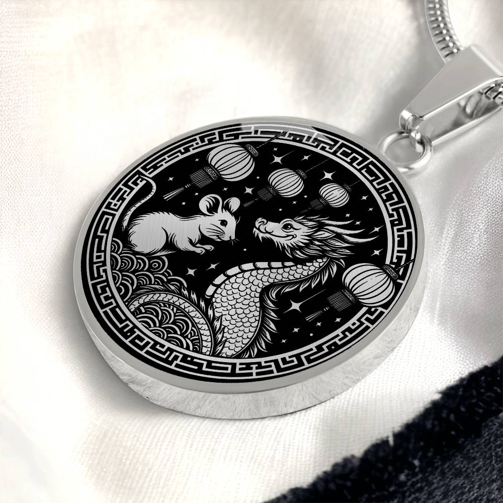 An Elegant silver pendant featuring a Year of the Rat and Year of The Dragon Necklace in silver and black. This jewelry offers personalization with an engraving option for a name.