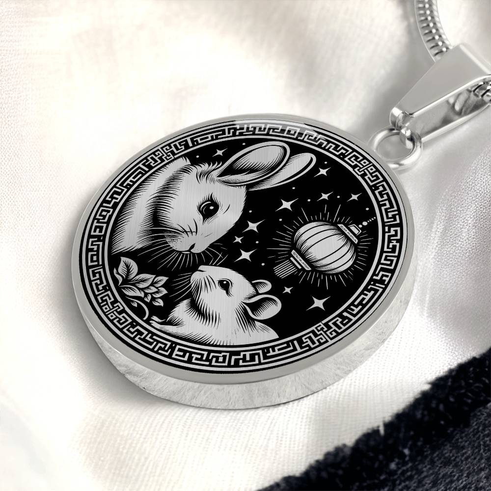 An Elegant silver pendant featuring a Year of the Rat and Year of The Rabbit Necklace in silver and black. This jewelry offers personalization with an engraving option for a name.