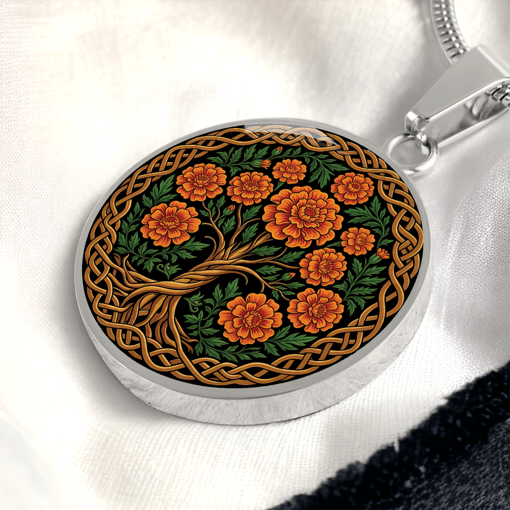Celtic Tree of Life Pendant Necklace - Marigold October Birth Flower Jewelry