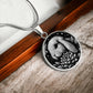 Elegant silver pendant Water Lily Bunny necklace. Colors are silver with a black background. This jewelry offers personalization with an engraving option for a name.