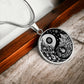 Elegant silver pendant featuring a vivid Silver Fire, Water, snowflakes and Icebergs. set against a Black backdrop. This jewelry offers personalization with an engraving option for a name.