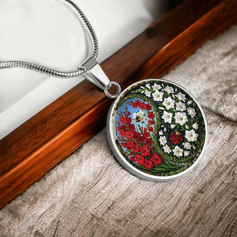Gladiolus Yin Yang Necklace - August Birth Month Flower Pendant Jewelry