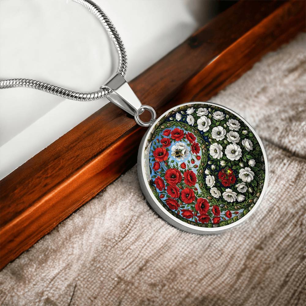 Poppy Yin Yang Necklace - August Birth Month Flower Pendant Jewelry