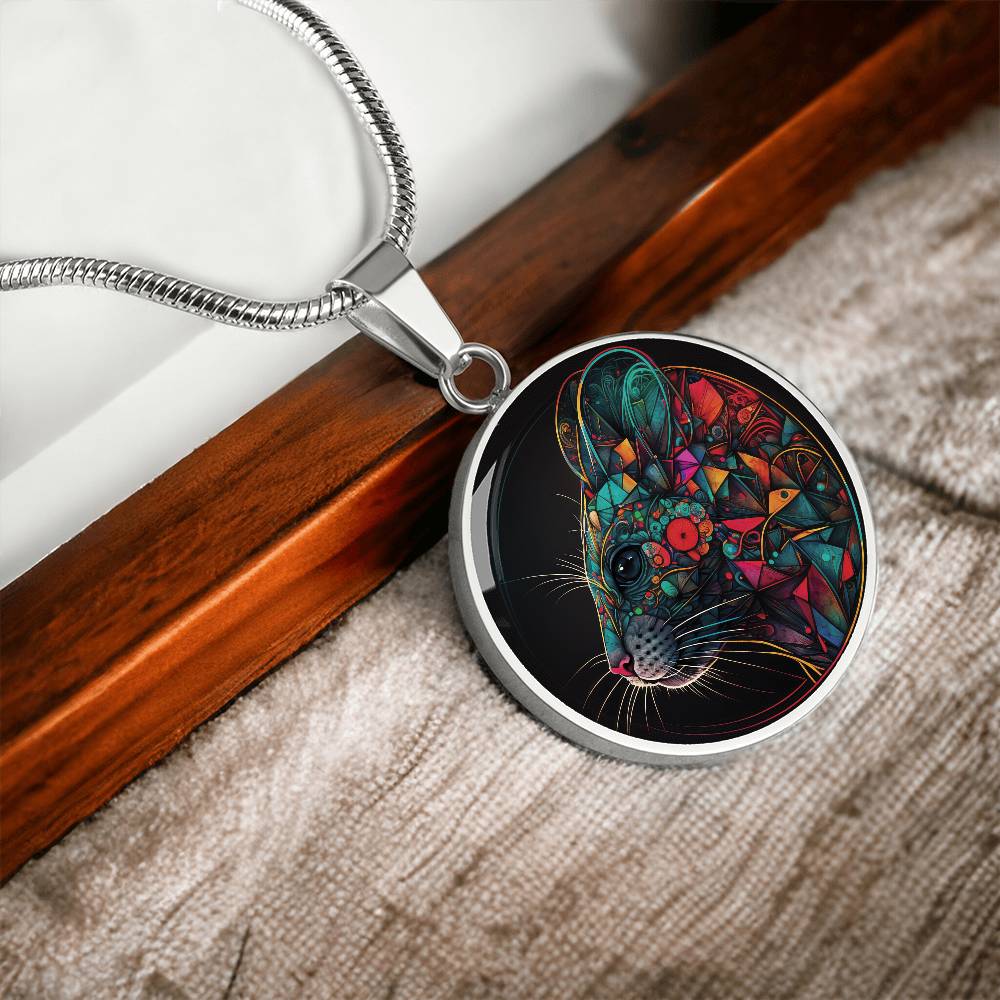 An elegant silver pendant multicolored Chinese Zodiac Rat Necklace. This jewelry offers personalization with an engraving option for a name.