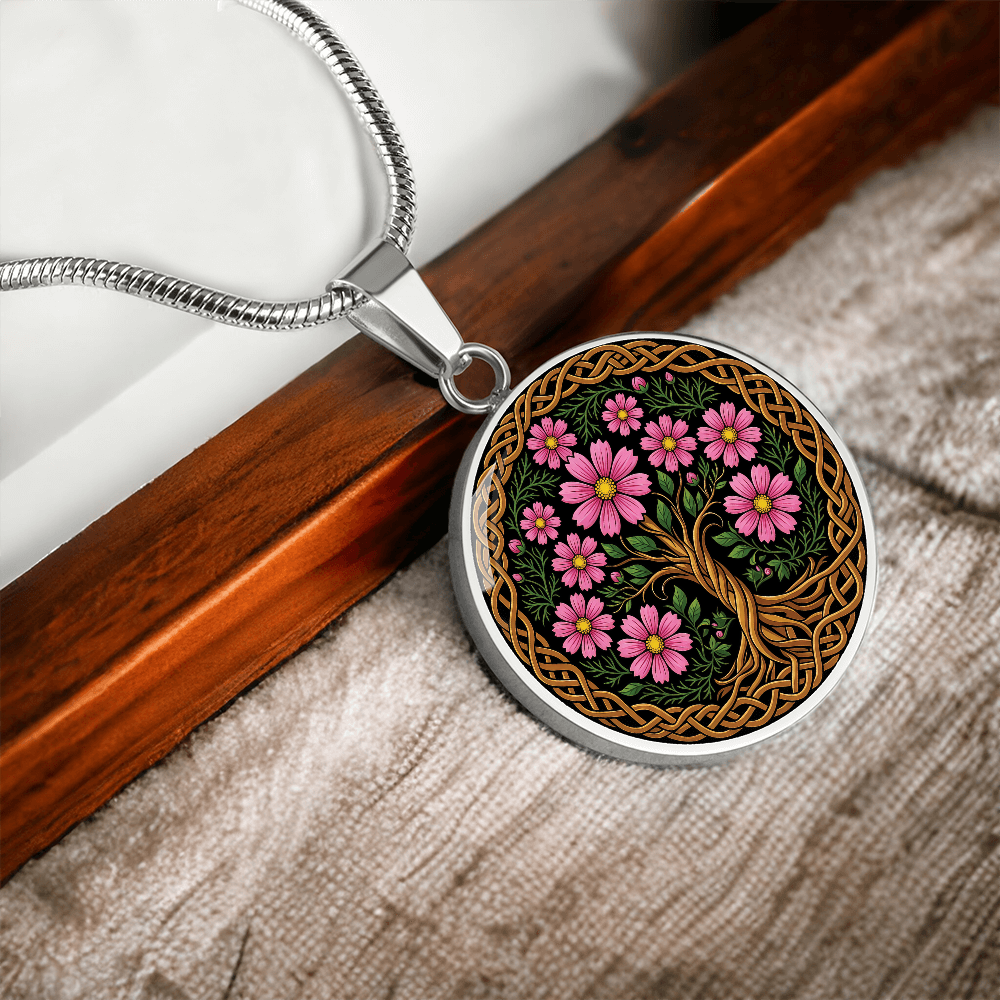 Celtic Tree of Life Pendant Necklace - Cosmos October Birth Flower Jewelry