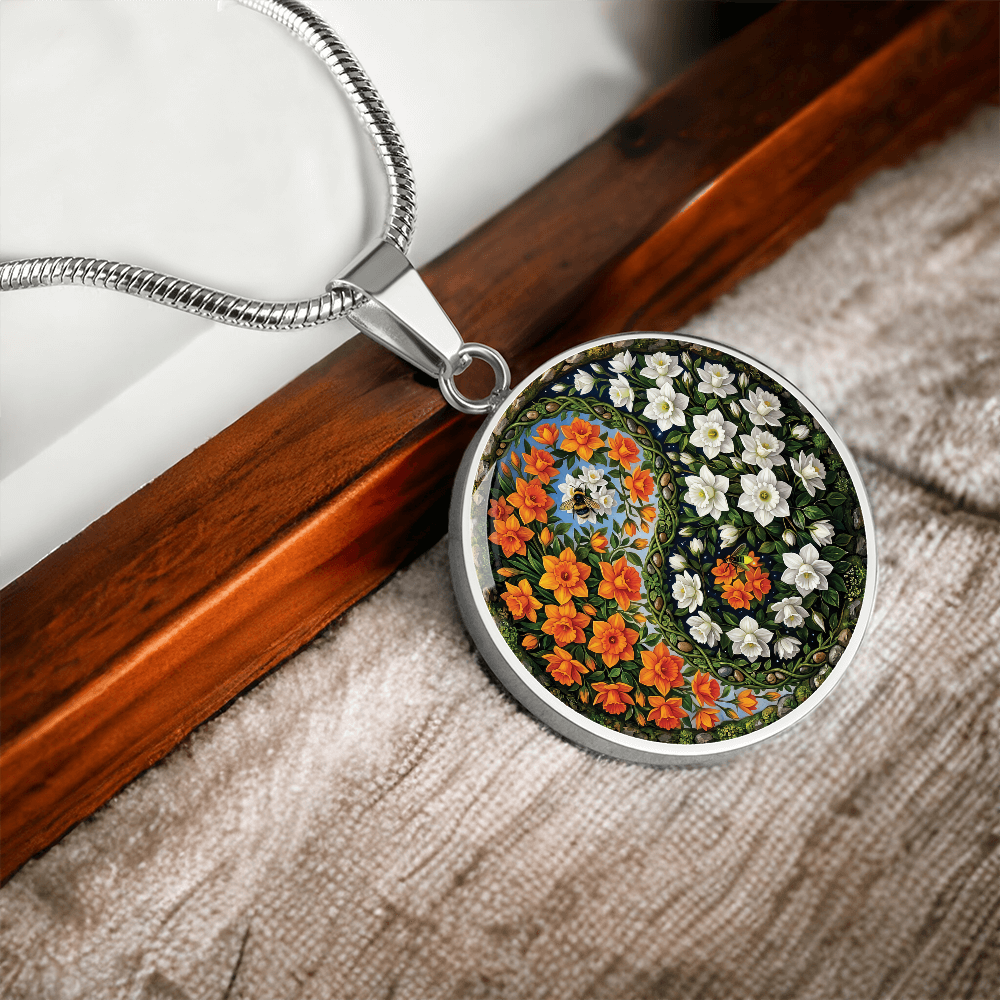 Daffodil Yin Yang Necklace - March Birth Month Flower Pendant Jewelry