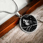 An Elegant silver pendant featuring a vivid Silver Northern Cardinal Necklace with Stars and a tree Branch all in a silver and black backdrop. This jewelry offers personalization with an engraving option for a name.