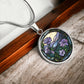 Silver Pendant Purple Morning Glory necklace, With green grass, a Yellow sky and purple mountains, Blue Lake, Muti Colored Border. This necklace offers personalization option for a name.
