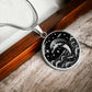 Elegant silver pendant featuring a vivid Silver Dolphin Necklace with a Stars and Ocean Waves set against a silver and black backdrop. This jewelry offers personalization with an engraving option for a name.