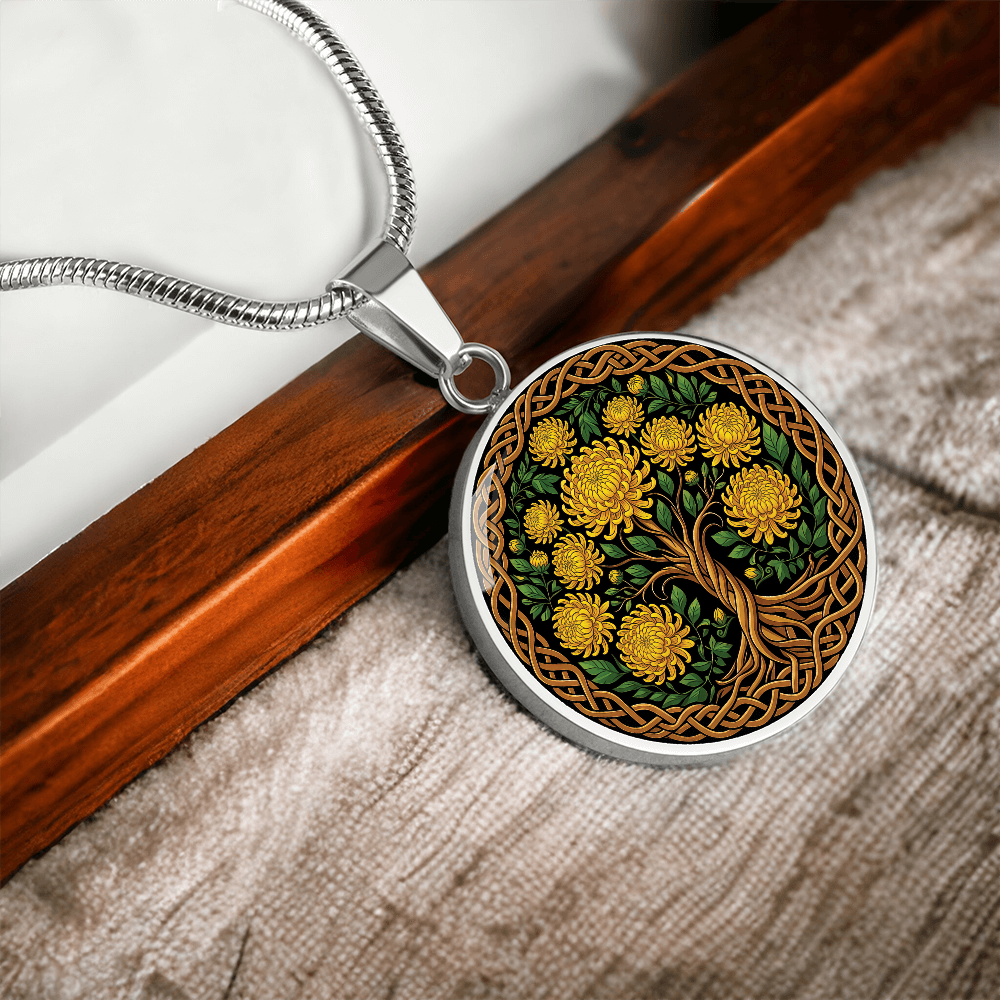 Celtic Tree of Life Pendant Necklace - Chrysanthemum November Birth Flower Jewelry