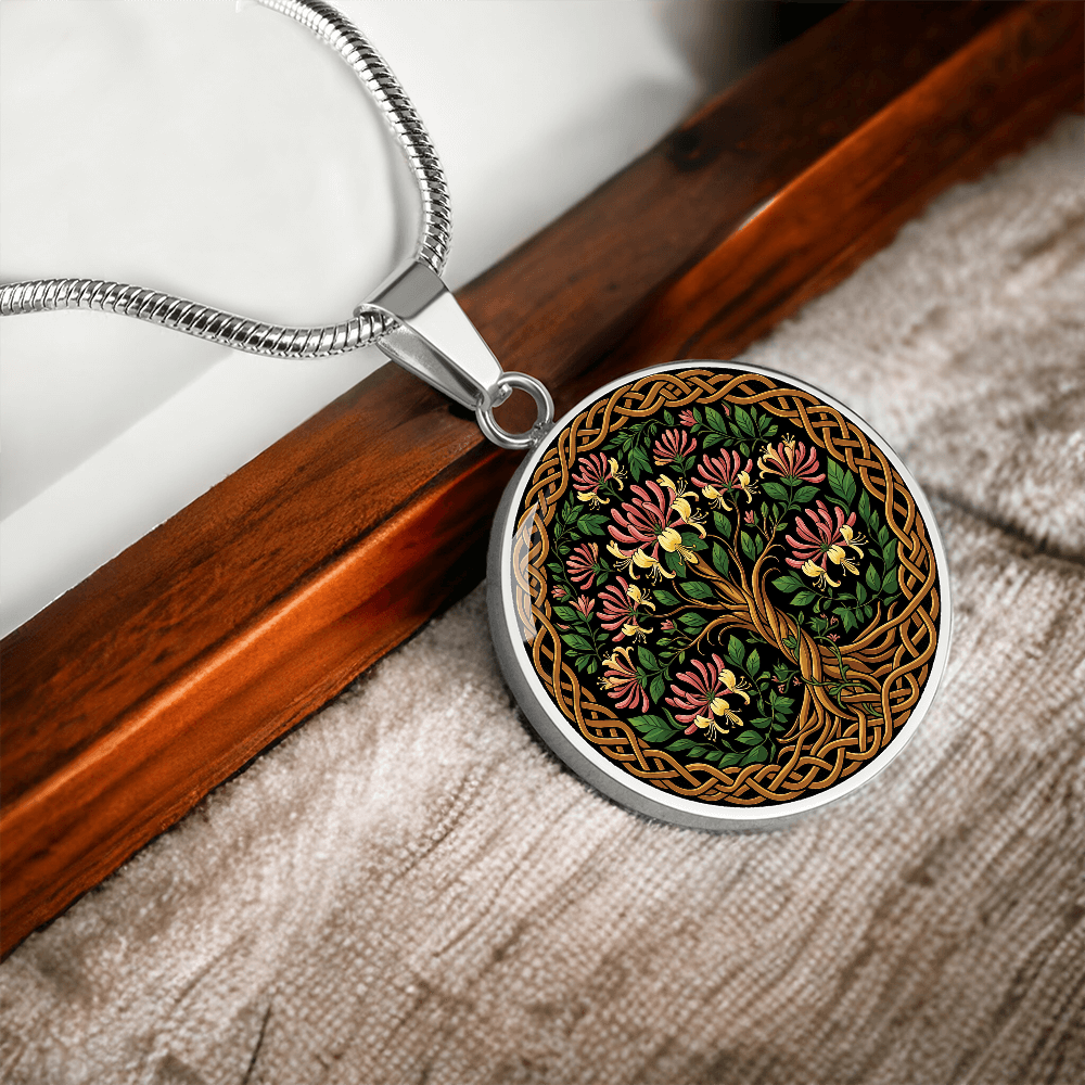 Celtic Tree of Life Pendant Necklace - Honeysuckle June Birth Flower Jewelry