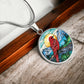 An Elegant silver pendant Red Bird Necklace. featuring a Sunny blue sky with mountains, blue lake and green forest. This jewelry offers personalization with an engraving option for a name.