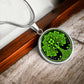 Elegant Silver pendant featuring a vivid Green Celtic four leaf Clover Tree of Life Necklace, set against a Black & silver backdrop. This jewelry offers personalization with an engraving option for a name.