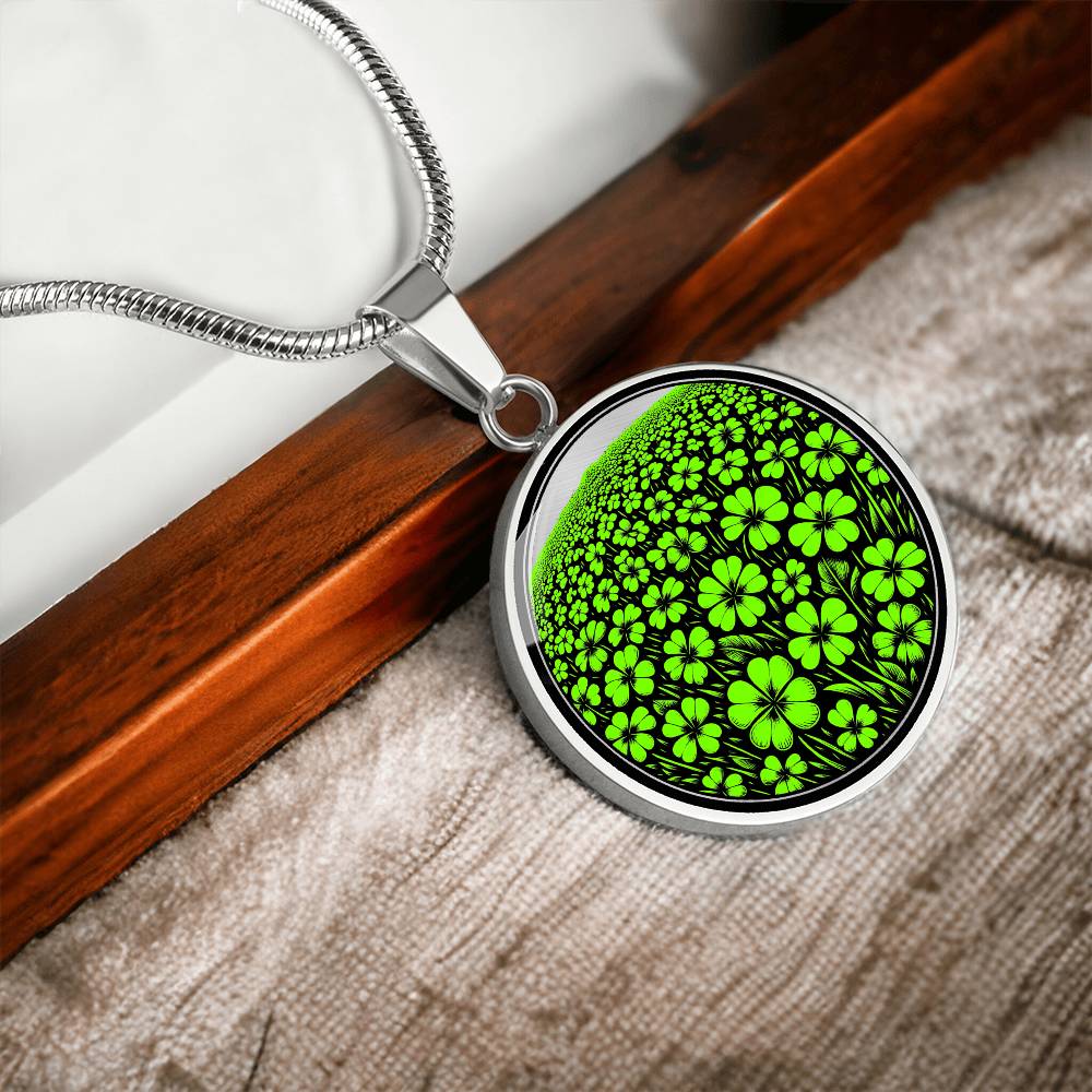 Elegant silver pendant necklace featuring a vivid Green Clover Field set against a silver & black backdrop. This necklace offers personalization with an engraving option for a name.