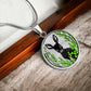 An Elegant silver pendant Deer Necklace. All in Silver and black with green leaves. This jewelry offers personalization with an engraving option for a name.