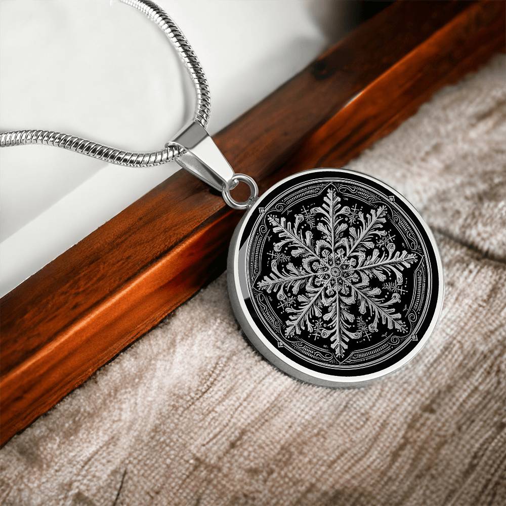 Elegant Silver pendant necklace featuring a vivid Silver Snowflake , set against a Black backdrop. This necklace offers personalization with an engraving option for a name.