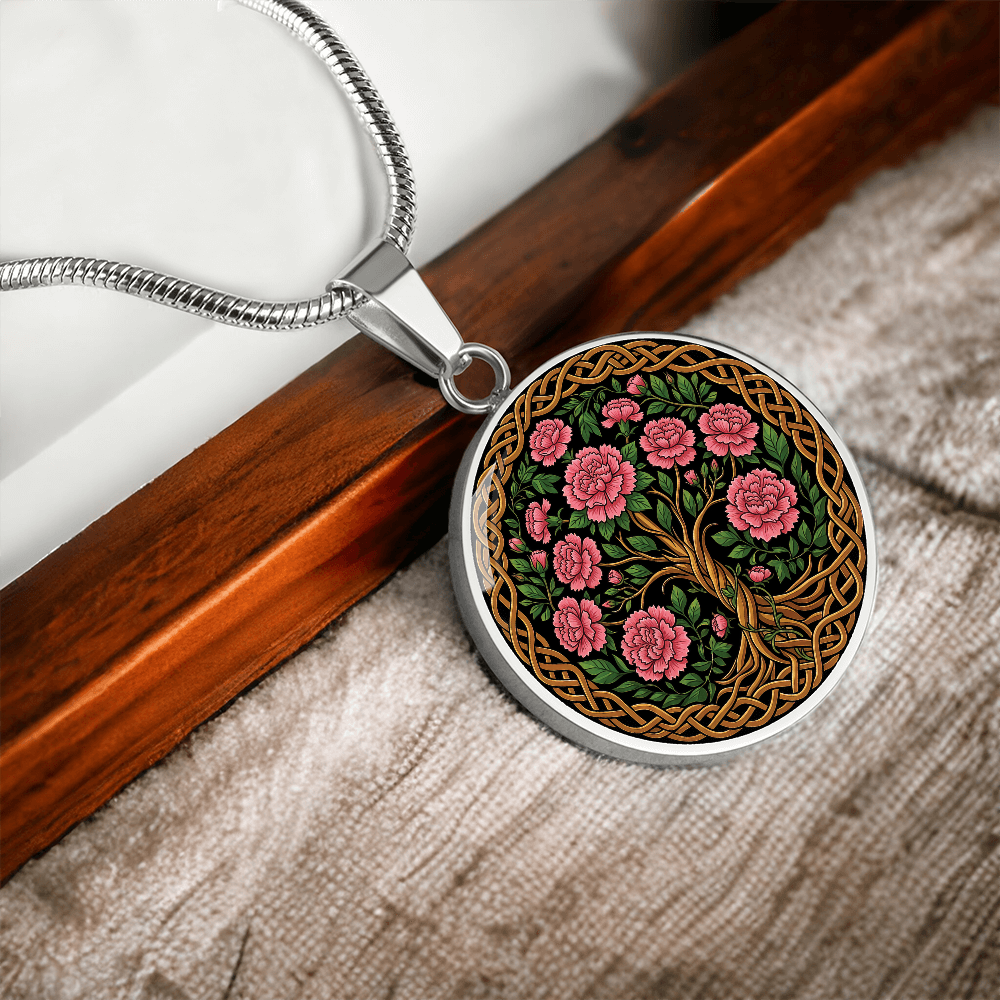 Celtic Tree of Life Pendant Necklace - Carnation January Birth Flower Jewelry