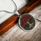 an elegant silver pendant Rose Tree of Life Necklace. The Colors are red, green, white and black. This jewelry offers personalization with an engraving option for a name.