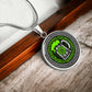 Elegant Silver pendant featuring a vivid Green Celtic Knots Necklace with a Green Beer Stein , set against a Black & silver backdrop. This jewelry offers personalization with an engraving option for a name.