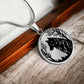 an Elegant pendant silver wolf necklace featuring a vivid Black Wolf in the forest, set against a silver backdrop. This jewelry offers personalization with an engraving option for a name.