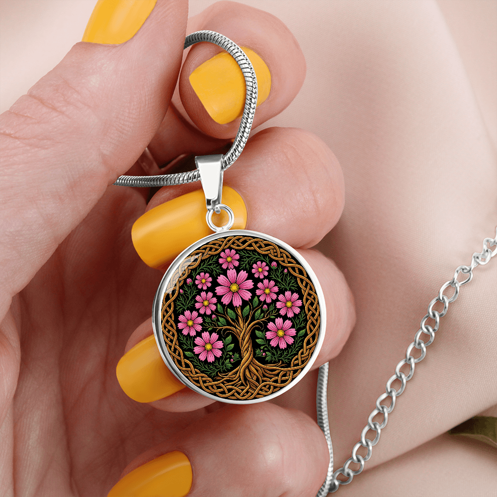 Celtic Tree of Life Pendant Necklace - Cosmos October Birth Flower Jewelry