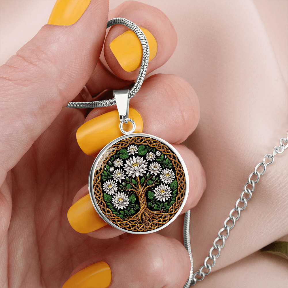 Celtic Tree of Life Pendant Necklace - Water Lily July Birth Flower Jewelry