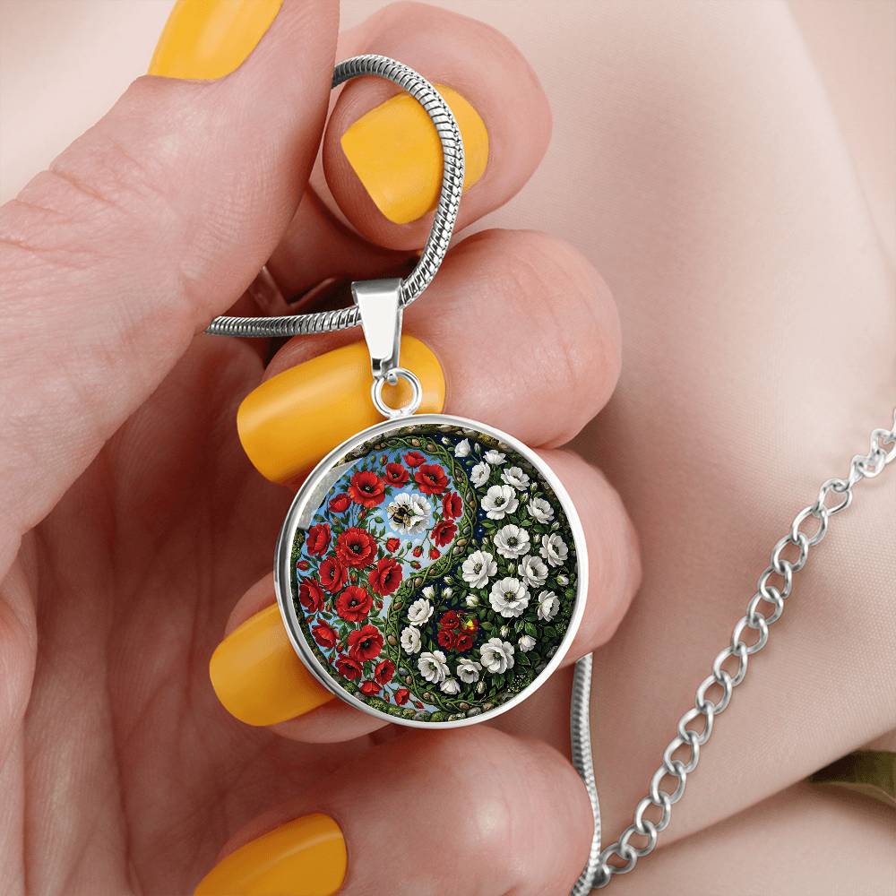 Poppy Yin Yang Necklace - August Birth Month Flower Pendant Jewelry