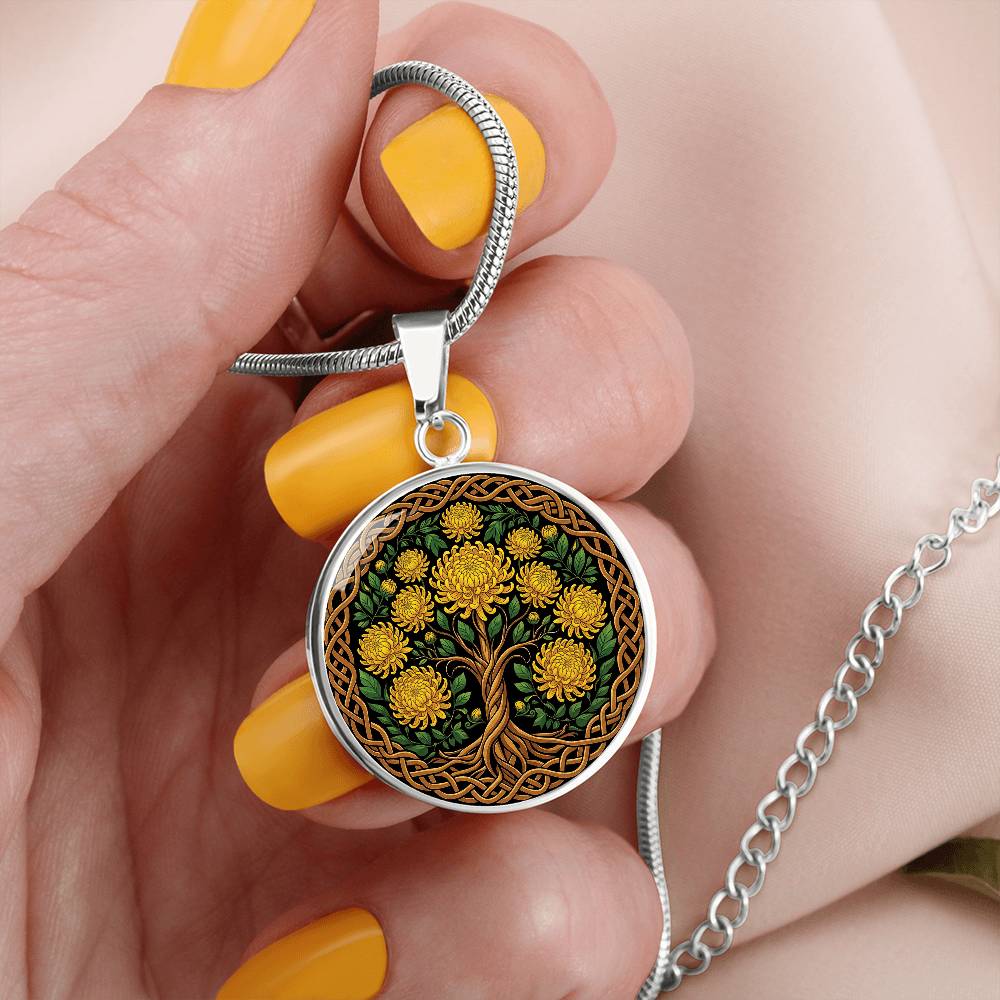 Celtic Tree of Life Pendant Necklace - Chrysanthemum November Birth Flower Jewelry
