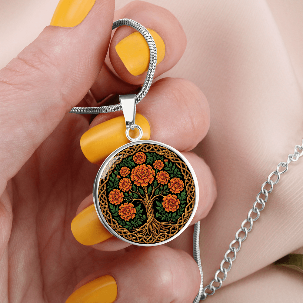 Celtic Tree of Life Pendant Necklace - Marigold October Birth Flower Jewelry